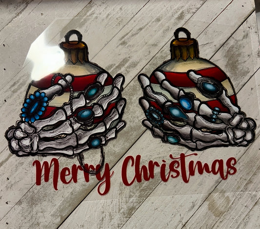 Merry Christmas bulbs design with skeleton hands