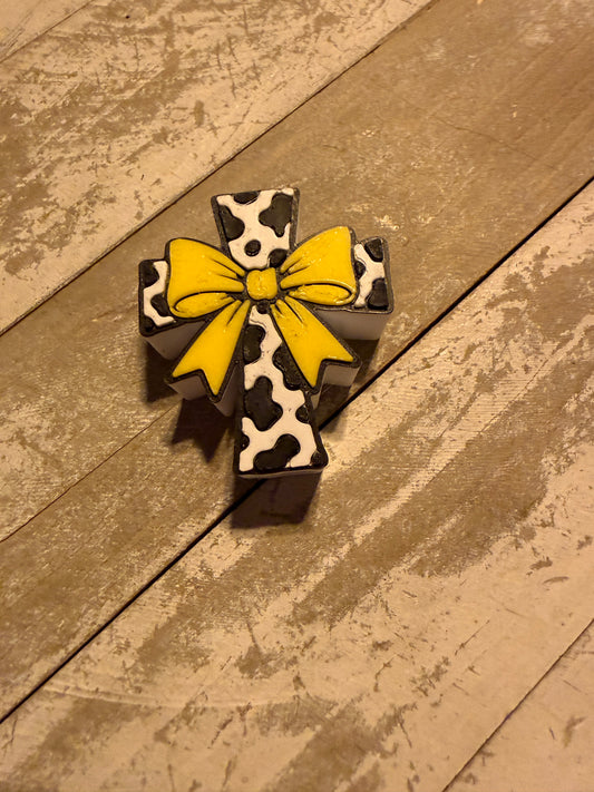 Cow print cross with bow straw topper