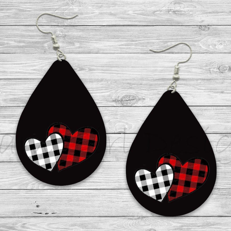 Black red white plaid heart earrings