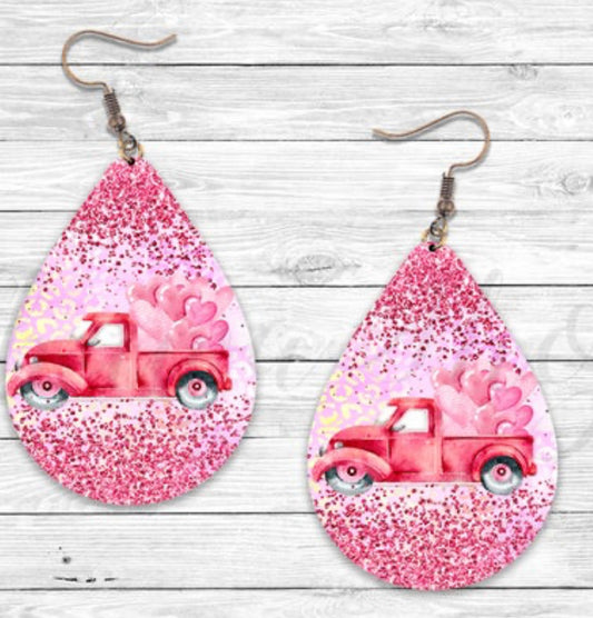 Valentines Truck Pink Earrings